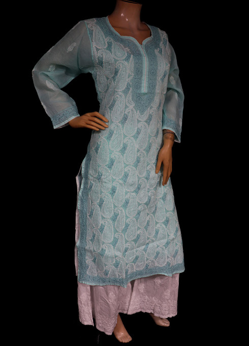 ISHIEQA's  Sea Green Cotton Chikankari Kurti - MV1701D