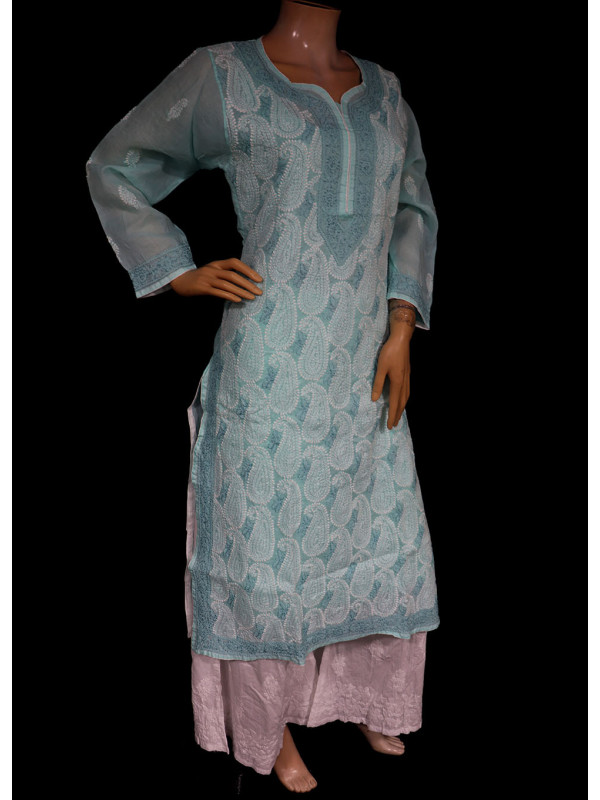 ISHIEQA's  Sea Green Cotton Chikankari Kurti - MV1701D