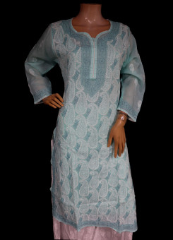 ISHIEQA's  Sea Green Cotton Chikankari Kurti - MV1701D