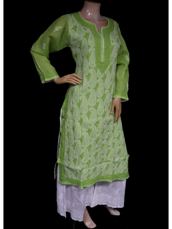 ISHIEQA's  Green Cotton Chikankari Kurti - MV1701D