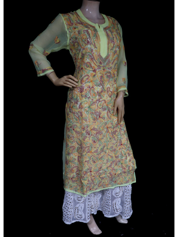 ISHIEQA's Lemon-Multicolour Georgette Chikankari Kurti  - AN0508D