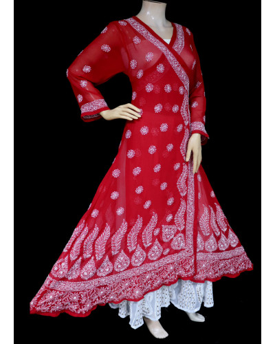 ISHIEQA's Red Georgette Angarakha Chikankari Kurti  - MV1502D