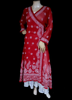 ISHIEQA's Red Georgette Angarakha Chikankari Kurti  - MV1502D