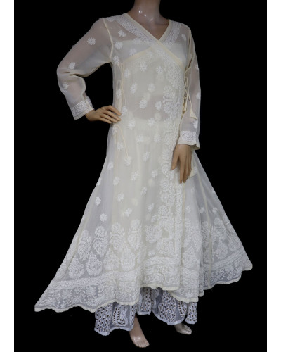 ISHIEQA's Beige Georgette Angarakha Chikankari Kurti  - MV1502D