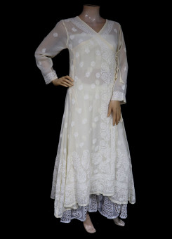 ISHIEQA's Beige Georgette Angarakha Chikankari Kurti  - MV1502D