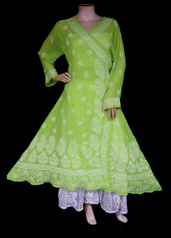 ISHIEQA's Green Georgette Angarakha Chikankari Kurti  - MV1502D