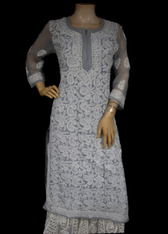 ISHIEQA's Grey Georgette Chikankari Kurti  - AN0502D
