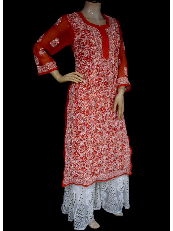 ISHIEQA's Dark Orange Georgette Chikankari Kurti  - AN0502D