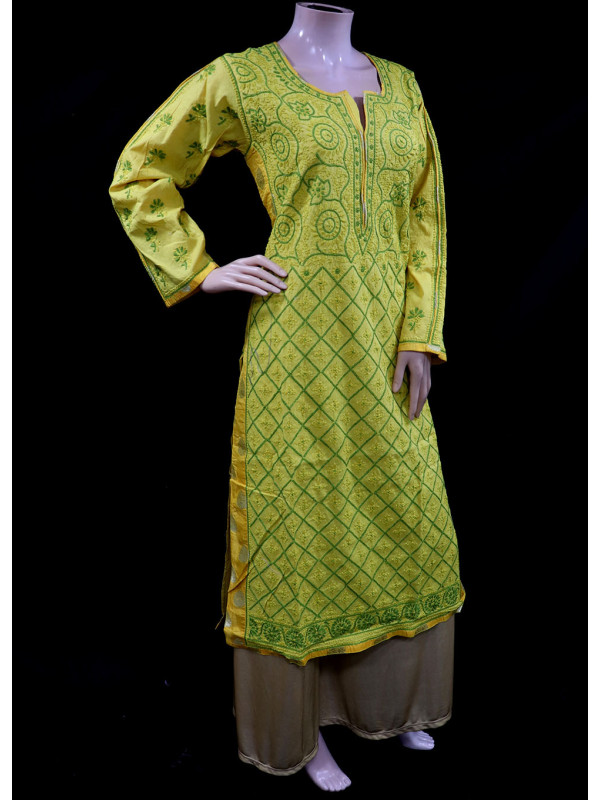 ISHIEQA's Designer Yellow-G Chikankari Cotton Kurti (L)  - MC0101B