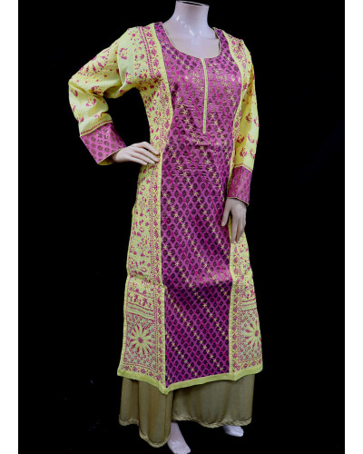 ISHIEQA's Designer Yellow-C Chikankari Chanderi Kurti (XL)  - MC0101B