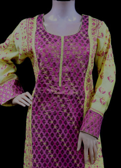 ISHIEQA's Designer Yellow-C Chikankari Chanderi Kurti (XL)  - MC0101B