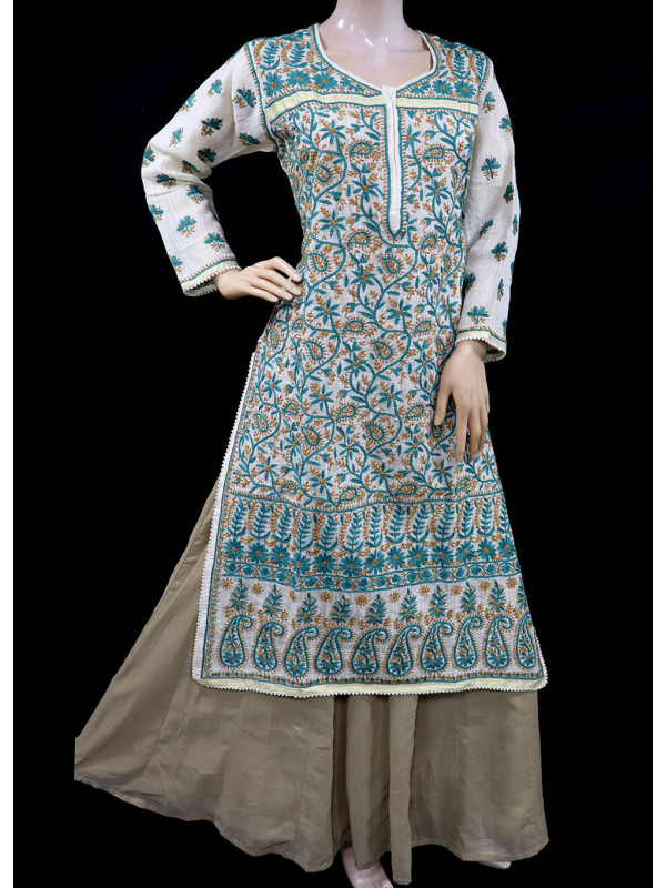 ISHIEQA's Designer Beige Chikankari Chanderi Kurti (XL)  - MC0101B
