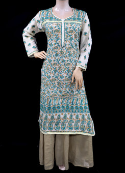 ISHIEQA's Designer Beige Chikankari Chanderi Kurti (XL)  - MC0101B