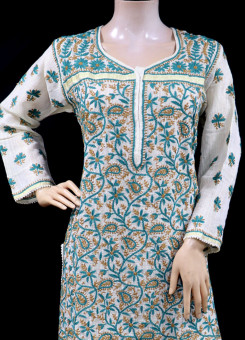 ISHIEQA's Designer Beige Chikankari Chanderi Kurti (XL)  - MC0101B