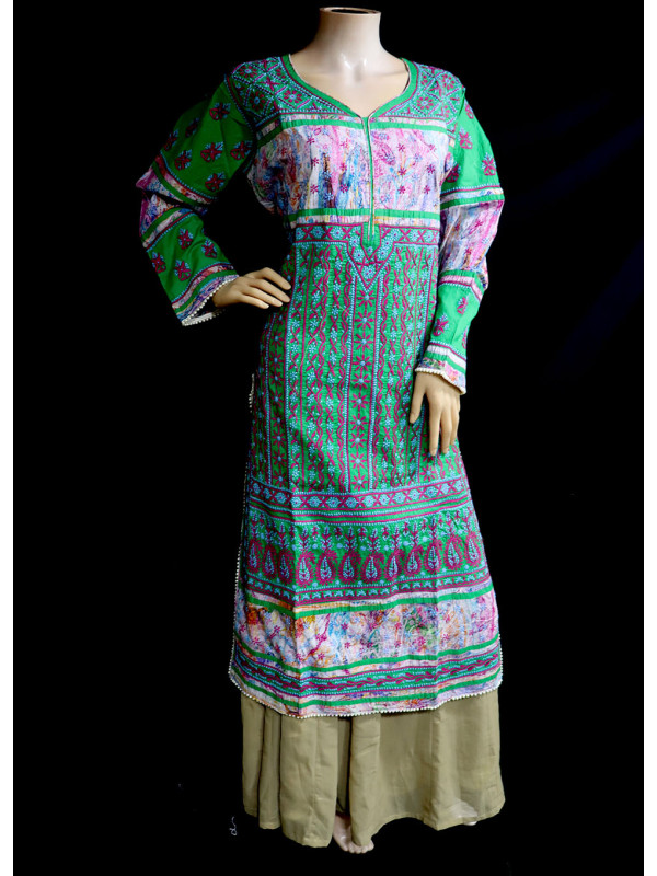 ISHIEQA's Designer Green Chikankari Cotton Kurti (L)  - MC0101B