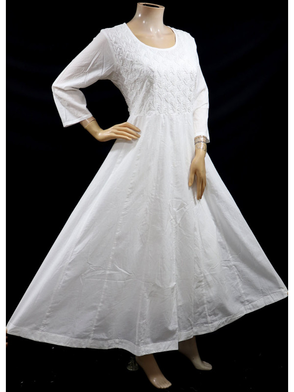 ISHIEQA's White Cotton A-Line Chikankari Kurti - KL0729D