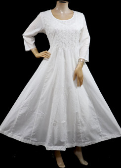 ISHIEQA's White Cotton A-Line Chikankari Kurti - KL0729D