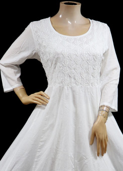 ISHIEQA's White Cotton A-Line Chikankari Kurti - KL0729D
