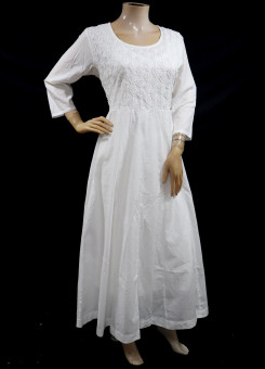 ISHIEQA's White Cotton A-Line Chikankari Kurti - KL0729D