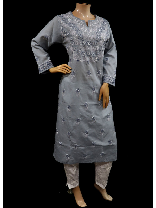 ISHIEQA’s Grey Cotton Chikankari Kurti – MV0101E