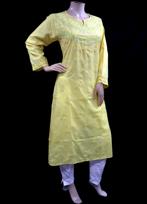 ISHIEQA’s Yellow Cotton Chikankari Kurti – MV0101E