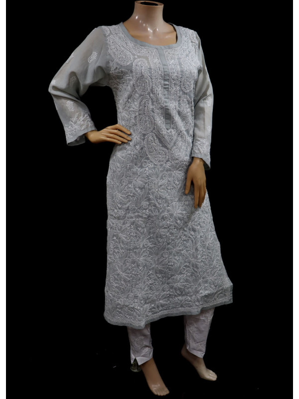 ISHIEQA's Grey Chikankari Cotton Kurti  - MV0205D