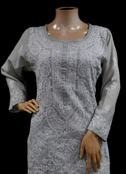 ISHIEQA's Grey Chikankari Cotton Kurti  - MV0205D