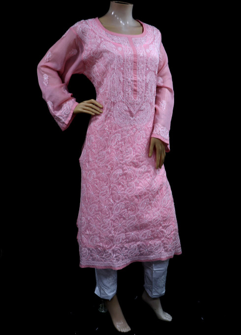 ISHIEQA's Peach Chikankari Cotton Kurti  - MV0401E