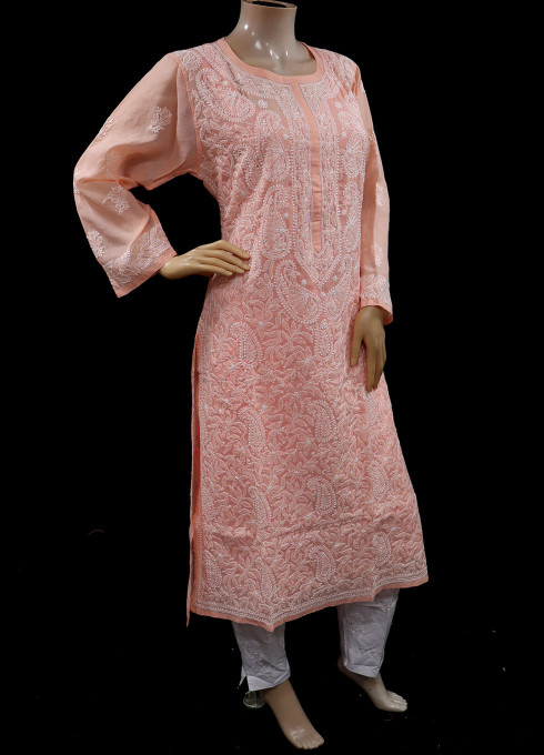 ISHIEQA's  Light Orange Chikankari Cotton Kurti  - MV0401E