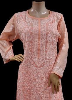 ISHIEQA's  Light Orange Chikankari Cotton Kurti  - MV0401E
