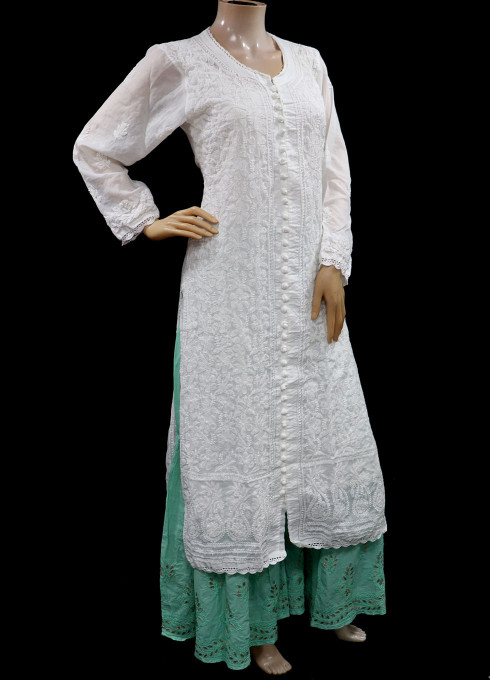 ISHIEQA's White Cotton Chikankari Kurti  - MV0103E