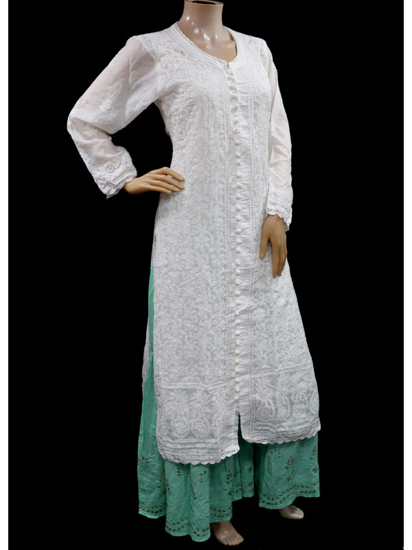 ISHIEQA's White Cotton Chikankari Kurti  - MV0103E