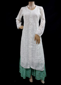 ISHIEQA's White Cotton Chikankari Kurti  - MV0103E