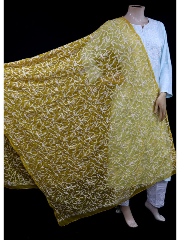 ISHIEQA's Mustard Georgette Chikankari Dupatta - VC0102E