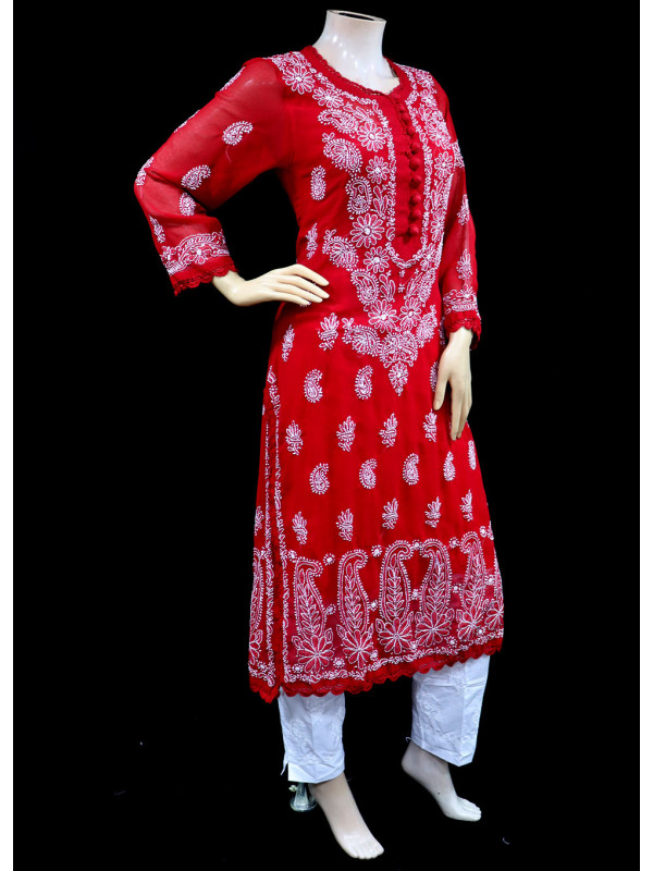 ISHIEQA's Red Georgette Chikankari Kurti  - MV0107D