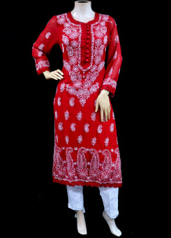 ISHIEQA's Red Georgette Chikankari Kurti  - MV0107D
