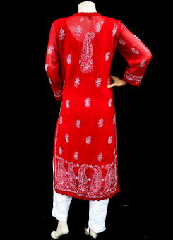 ISHIEQA's Red Georgette Chikankari Kurti  - MV0107D