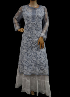 ISHIEQA's Grey Georgette Chikankari Kurti-MV0504E