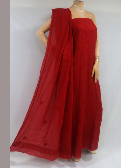 ISHIEQA's Red Kota Doria Chikankari Dress Material - RC0101E