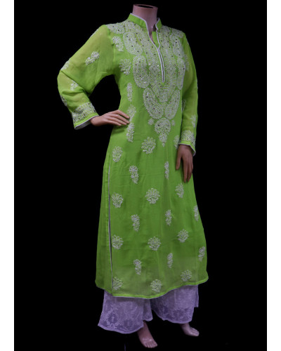 ISHIEQA's Green Georgette Chikankari & Mukaish Kurti-MV0402E