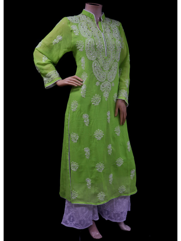 ISHIEQA's Green Georgette Chikankari & Mukaish Kurti-MV0402E