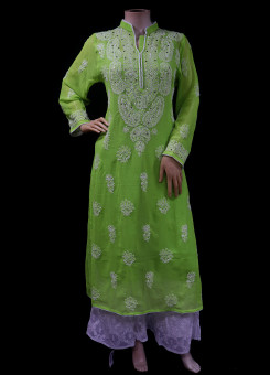 ISHIEQA's Green Georgette Chikankari & Mukaish Kurti-MV0402E