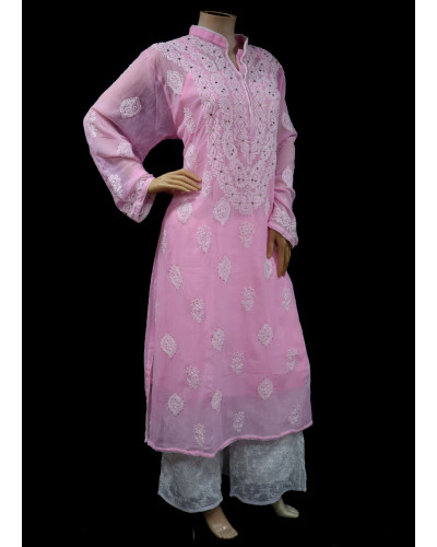 ISHIEQA's Pink Georgette Chikankari & Mukaish Kurti-MV0402E