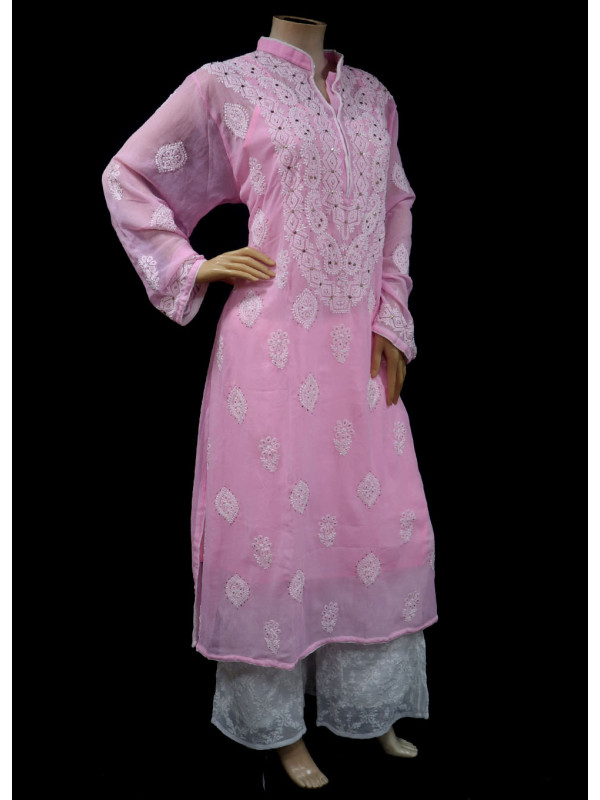 ISHIEQA's Pink Georgette Chikankari & Mukaish Kurti-MV0402E