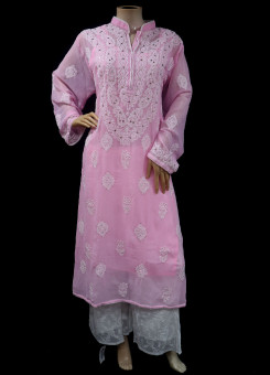 ISHIEQA's Pink Georgette Chikankari & Mukaish Kurti-MV0402E