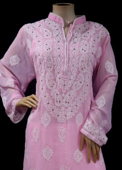 ISHIEQA's Pink Georgette Chikankari & Mukaish Kurti-MV0402E