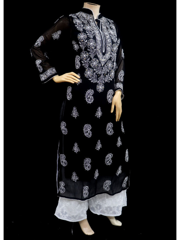 ISHIEQAs Chikankari-Mukaish Black Georgette Kurti-MV0402E