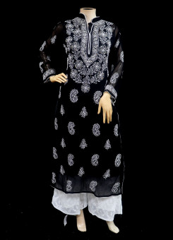 ISHIEQAs Chikankari-Mukaish Black Georgette Kurti-MV0402E