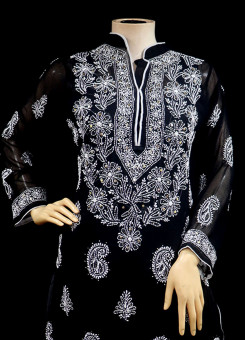 ISHIEQAs Chikankari-Mukaish Black Georgette Kurti-MV0402E