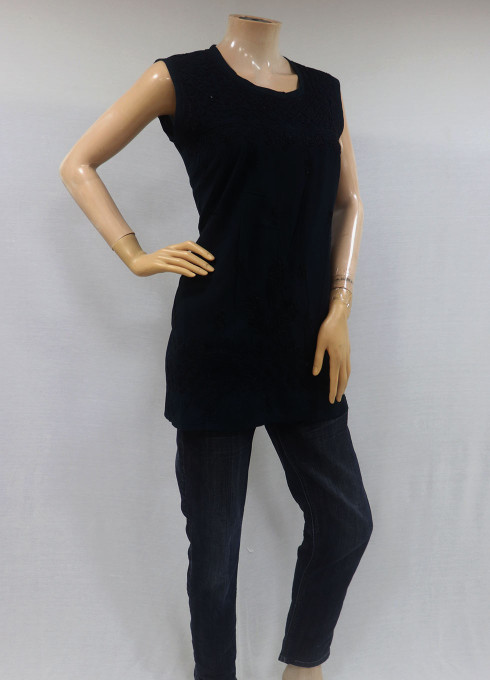 ISHIEQA's Black Sleeveless Cotton Chikankari Top - SF0103B
